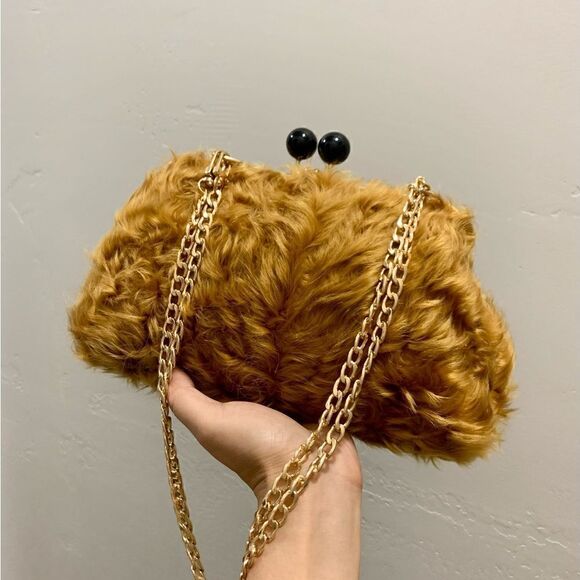 Handmade Real Curly Shearling Kisslock Clutch/Shoulder Bag/Crossbody & 2 Chains - Picture 7 of 14